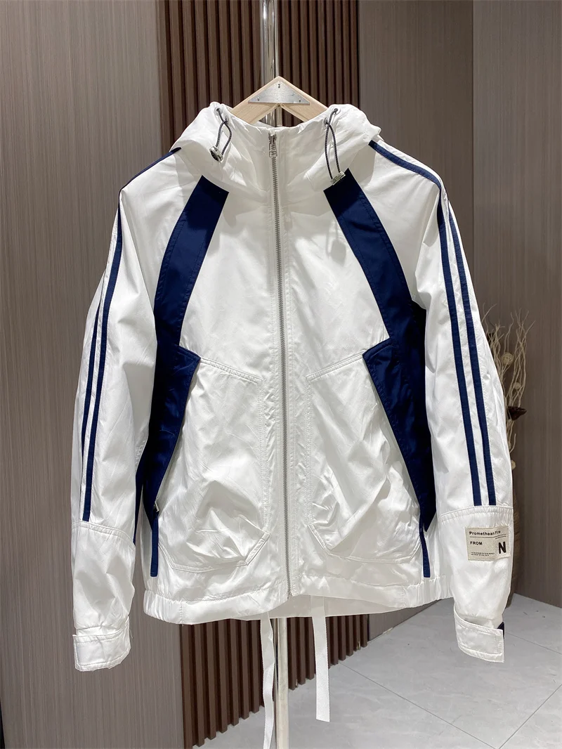 

Faionable Striped Color Blo Men's Jaet Spring Autumn New Sle Casual Windproof Hooded Zipper Svel Polyester Fiber