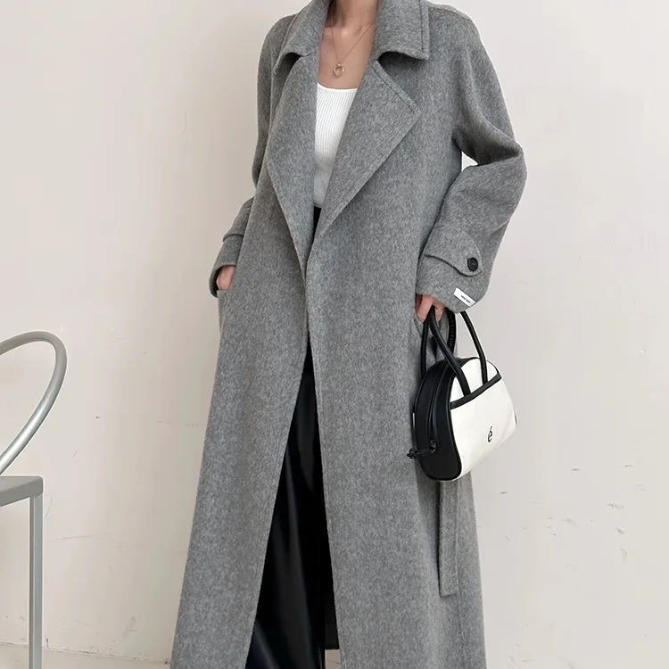 Korean high-end gray large collar double-sided cashmere coat for women, long style, 2024 autumn and winter minimalist woolen