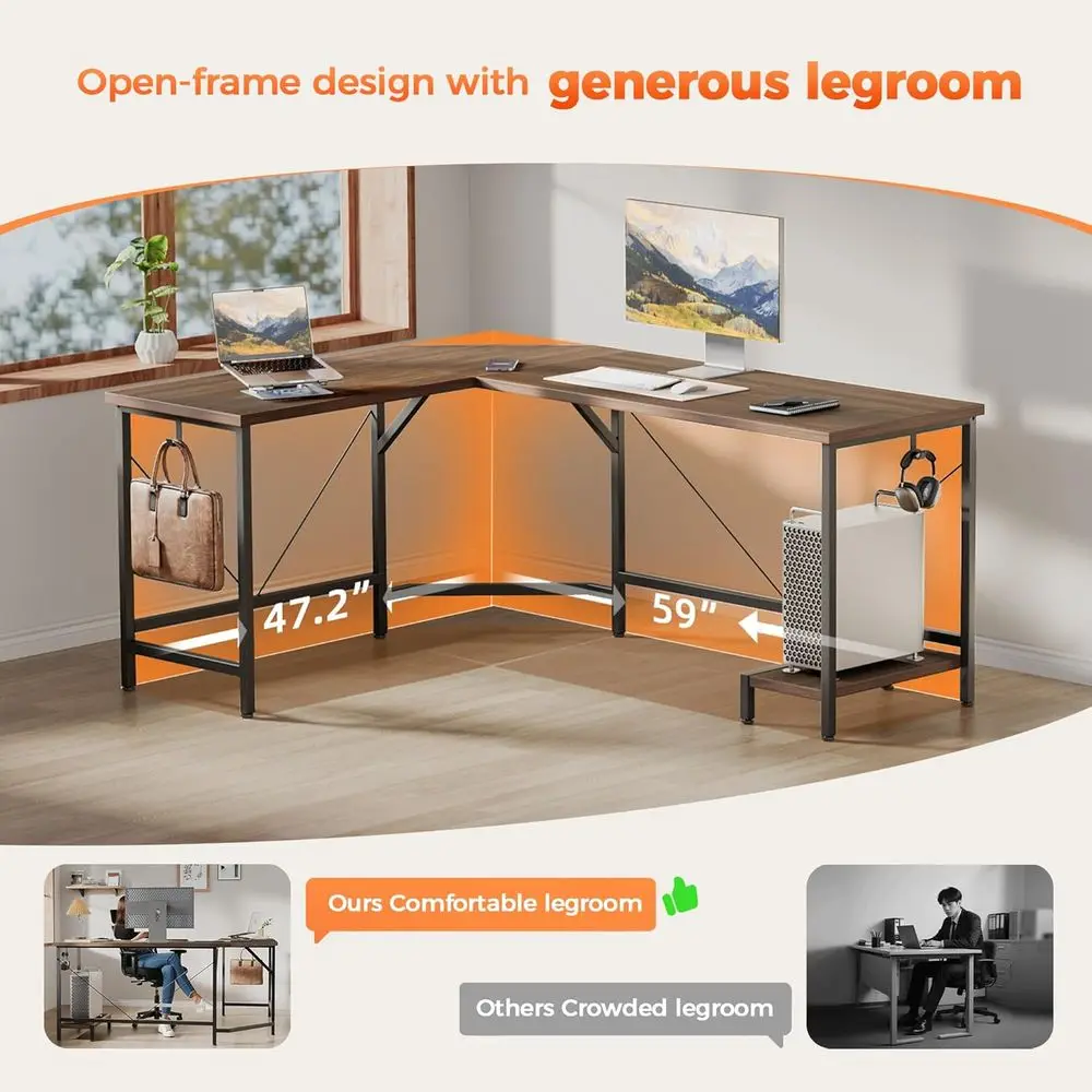 مكتب ألعاب زاوية كبيرة مع حامل وحدة المعالجة المركزية، مكتب كمبيوتر قوي للمكتب المنزلي للكتابة ومحطة العمل