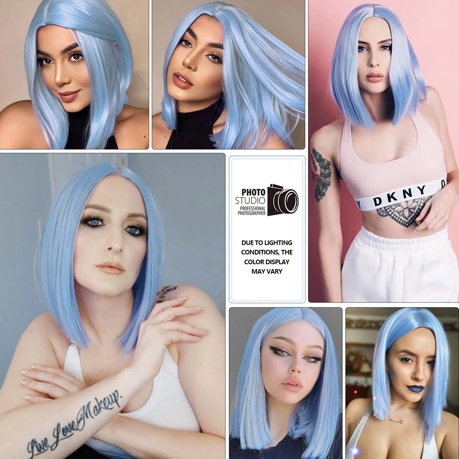 Light Blue Synthetic Short Bob Wig Straight Blue Wig for Women Shoulder Length Wigs Colorful Wig for Daily Use Party Cosplay