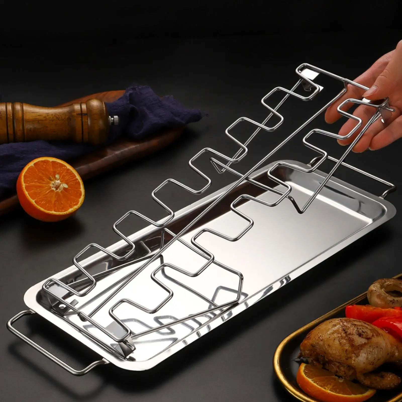 Chicken Drumstick Roasting Rack for BBQ Oven Grill 410 Stainless Steel Upright Holder Foldable with Nonstick Drip Tray Silver
