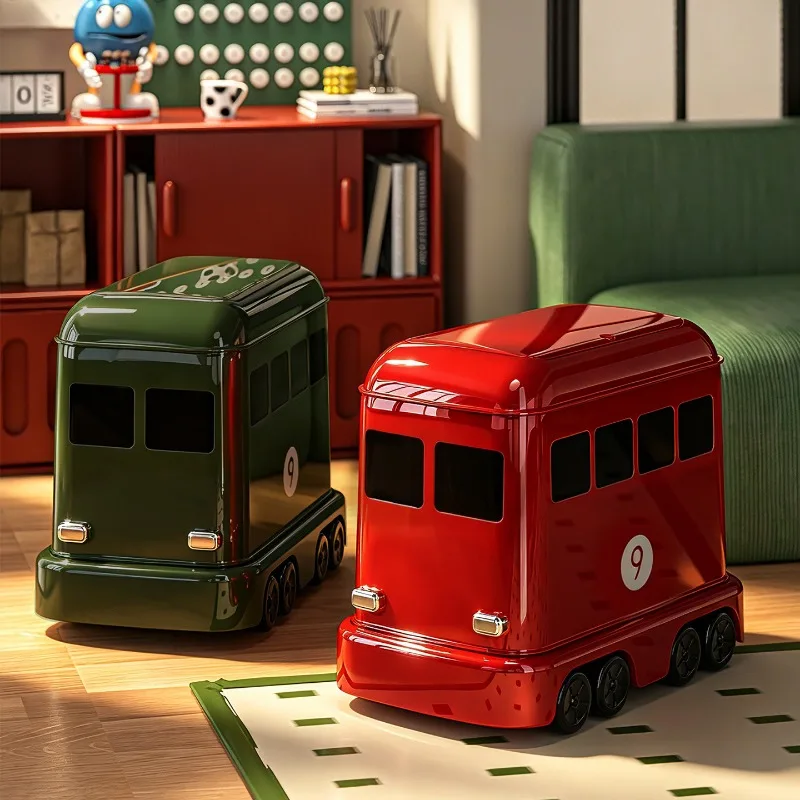 Cute Cartoon Car Trash Can with Wheels - Large Capacity Kids Room Garbage Bin & Toy Storage Organizer