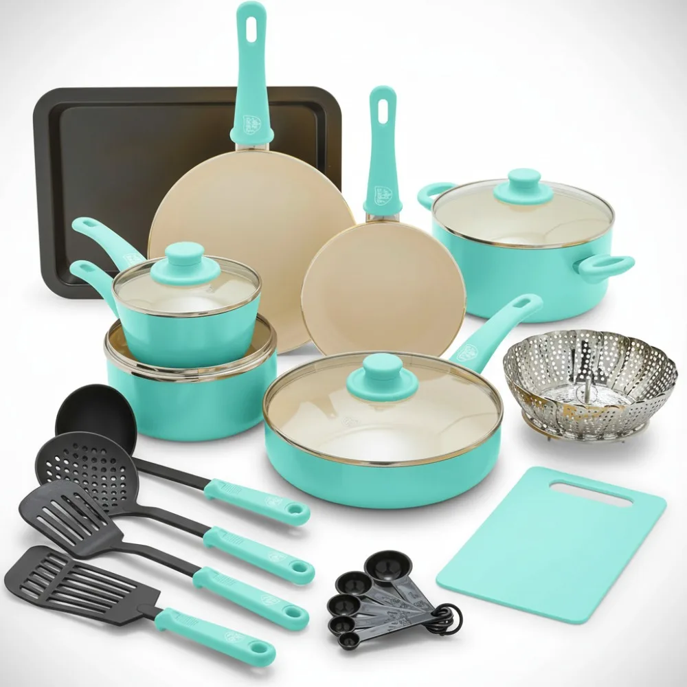

18-Piece Ceramic Nonstick Cookware Set, PFAS-Free, Dishwasher Safe Kitchen Pots Pans Utensils