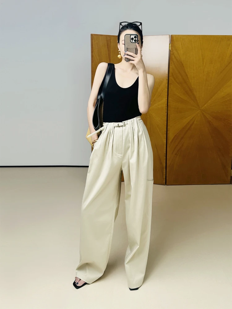 

Брюки-палаццо LemonChen из смесовой хлопковой ткани, с высокой талией, модный кожаный ремень с складками на талии