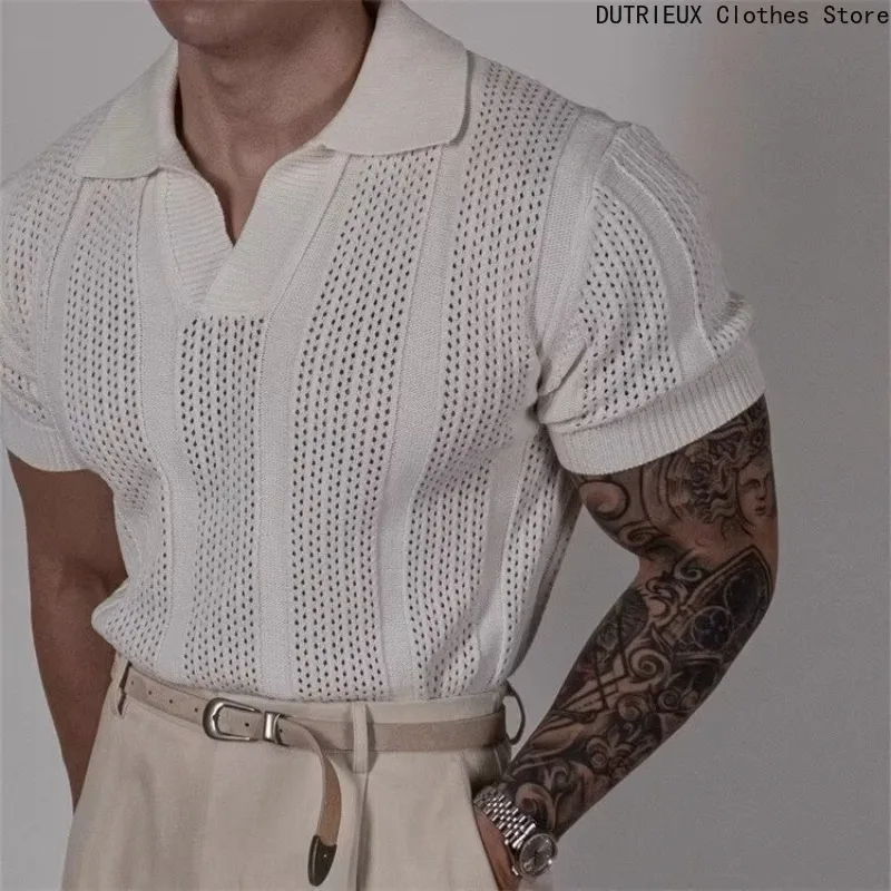 

Мужская перфорированная рубашка-поло Изысканно изготовленная сетчатая трикотажная рубашка с короткими рукавами Удобный и дышащий деловой повседневный топ