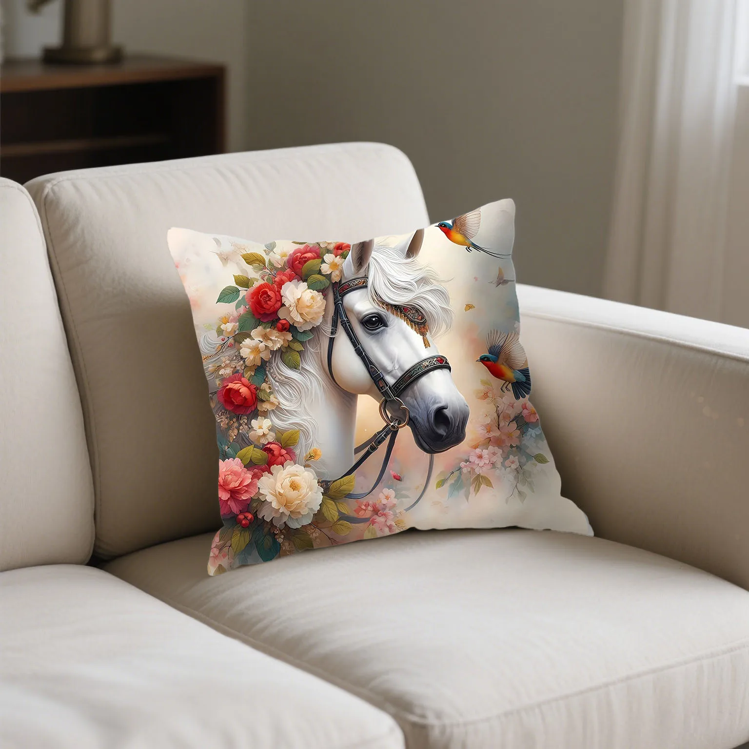 

3D flower bird black and white brown spotted horse print pillowcase cushion cover suitable for home sofa decoration living room