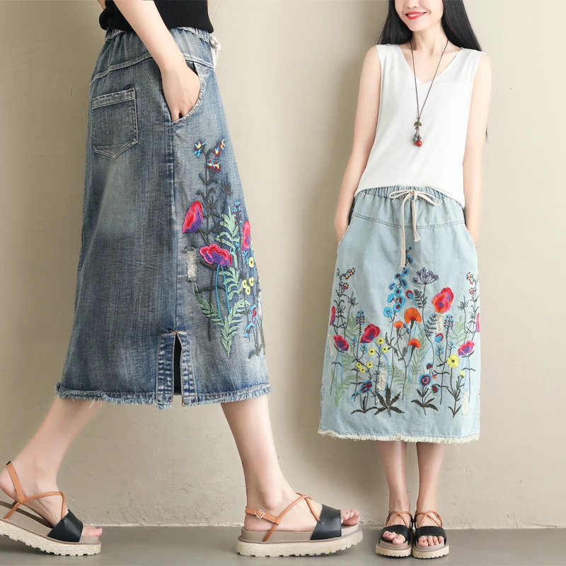 

Summer New Sle Artistic plus Size Women's Ethnic Denim Embroidered f Skirt Elastic Waist Belted Midi Skirt Cotton Jeans