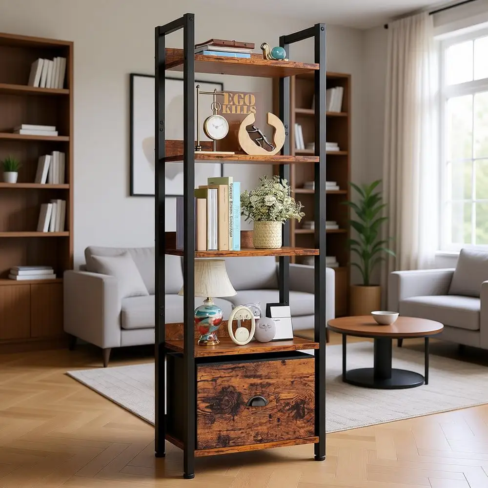 

5-Tier Tall Narrow Bookcase, Rustic Brown Wood and Metal Storage Shelves Organizer for Home, Bedroom, Living Room