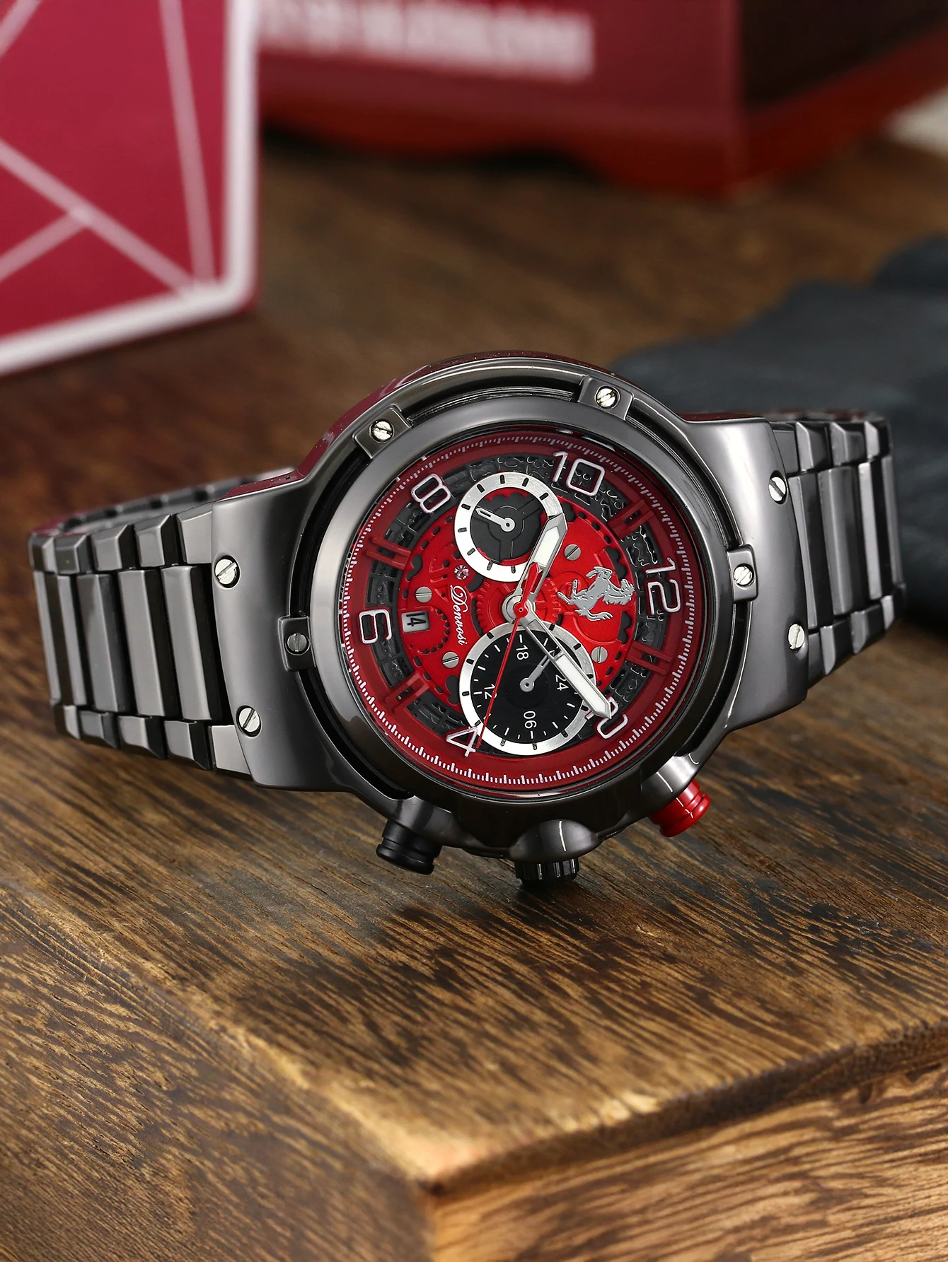 DENVOSI Hollow Quartz Watch with Color Block Dial and Steed Logo Multi-functional Men's Wristwatch