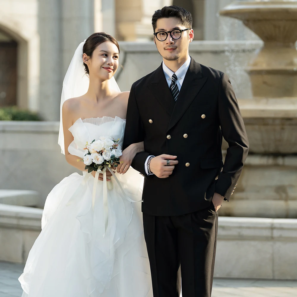 

Wedding Suit Tee-Piece Set for Men Gold Button Formal Wear Stand Fit Faion Urban Sle Adult Pure Color Gentleman's Suit