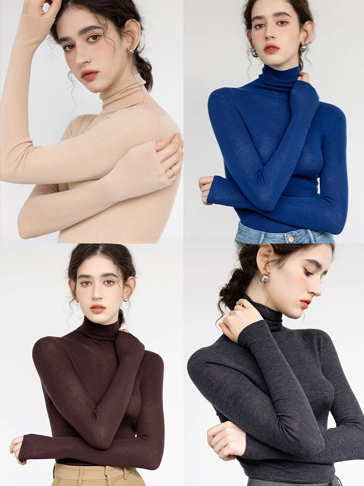 

hine Waable High Collar Merino Wool Sweater Women's Autumn Winter Thin Slim Fit No Prure Long Sve Swan Ne Knitte...