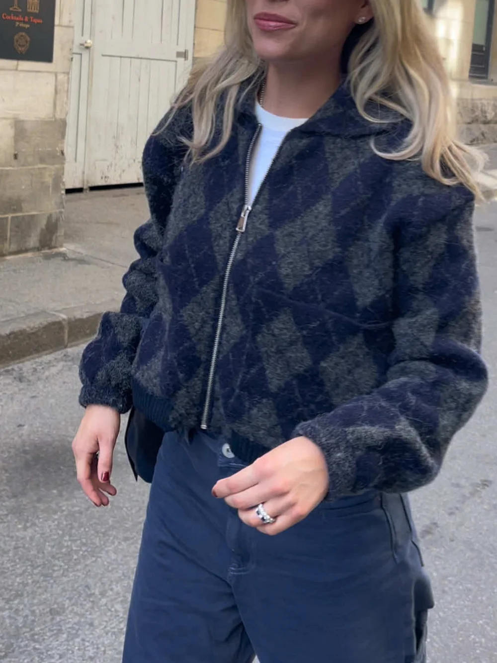 

Женский винтажный вязаный свитер с длинными рукавами в клетку, свободный кардиган с лацканами, пальто на молнии, теплая уличная одежда, осень, зима, новый стиль