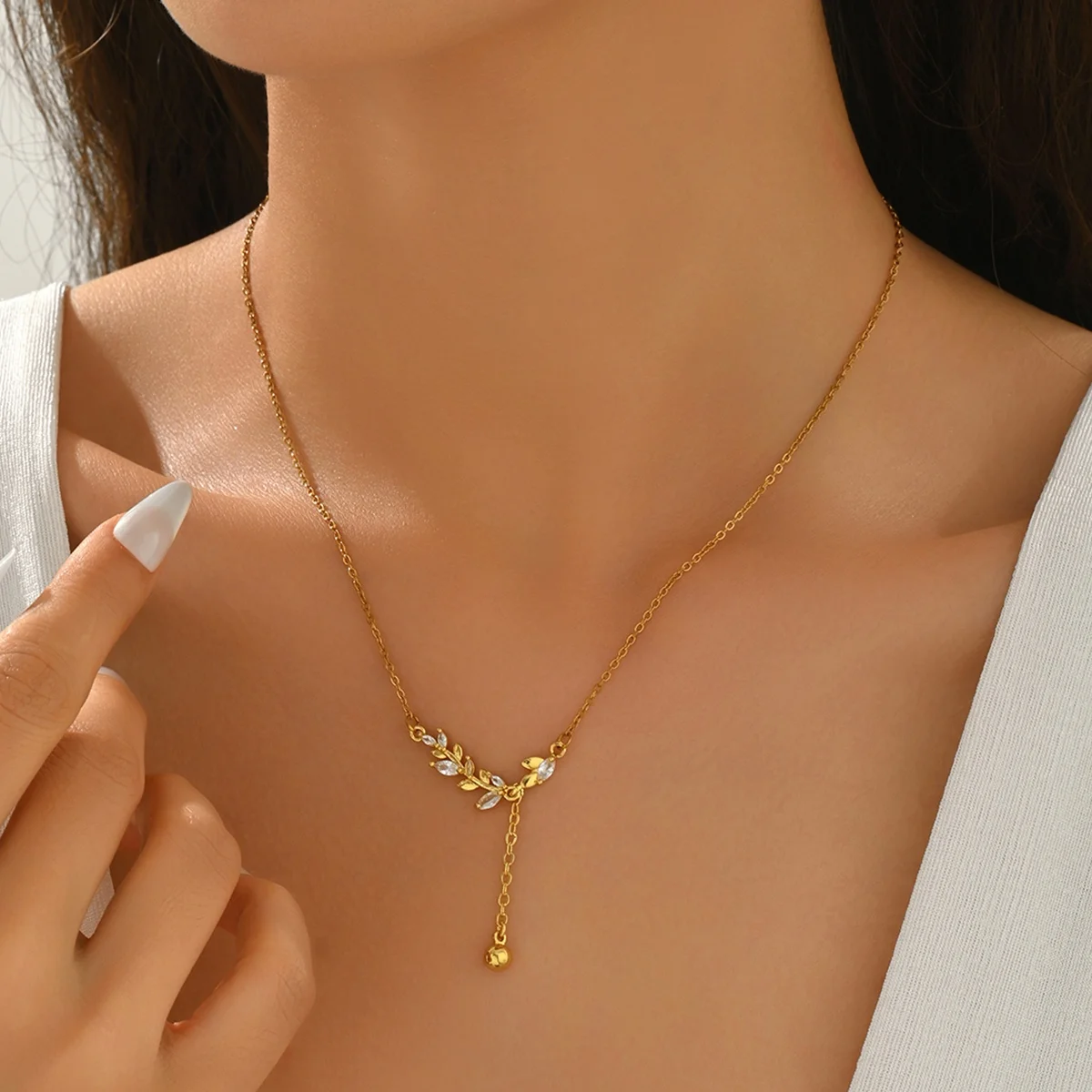 1 Piece Copper Wheat Ear Leaf-Shaped Necklace with Rhinestone Beads and Tassels, 18K Gold Color Adjustable Clavicle Chain, Stylish and Elegant with a High-End Feel, Versatile, Suitable for Women's Daily Wear and Parties, Gift for Girlfriend, Gift for Wife
