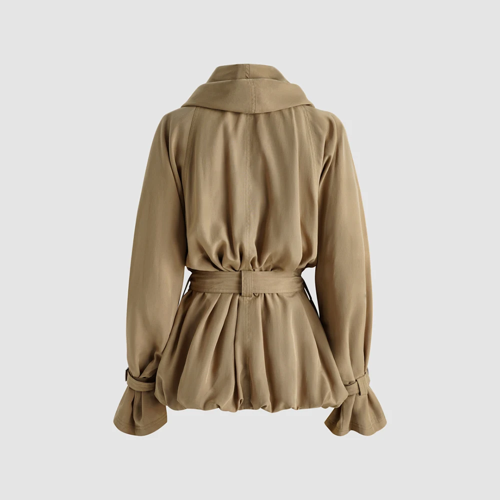 Women Lyocell Blend Trench Jacket Draped Lapel Collar Tie Belt Waist Loose Long Sleeve Elegant Windbreaker Ladies Outerwear