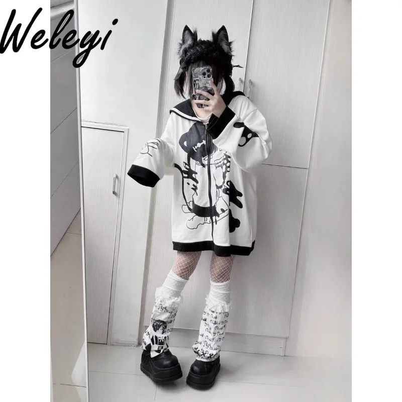 Pink Kawaii Sailor Collar Cat Ear Coat 2024 Spring Y2K Womans Clothing Japanese Streetwear Cute Kitten Loose Casual Cardigan Top