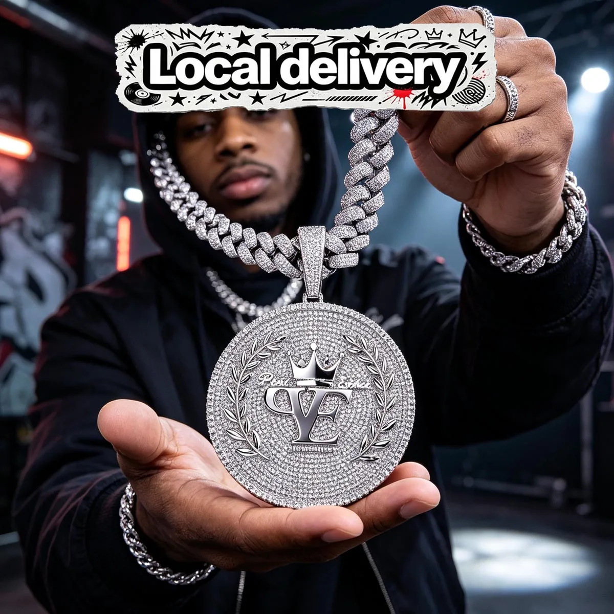 Hip Hop Bling Crown Wheat Wreath Charm Full Paved Sparkling Zircon 18K Gold Plated Oversize Iced Out Round Big Medallion Pendant Matching Cuban Link Chain Statement Necklace Gift For Rap Fans Streetwear Club Party Shiny Street Charm Rapper Men Jewelry