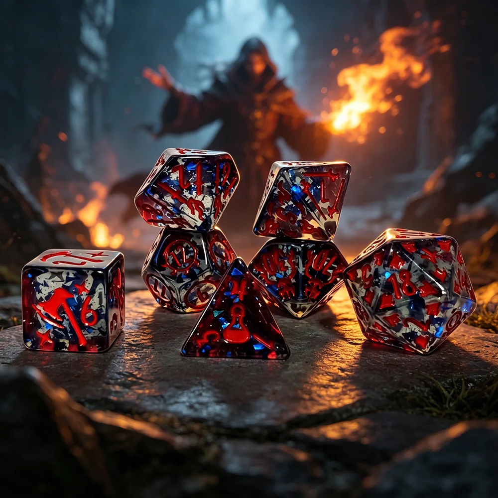 DND Polyhedral Dice Set 7pcs Transparent Wizard Theme Gray with Red Symbols MTG RPG Polyhedral Dice Set Resin with Red Icons