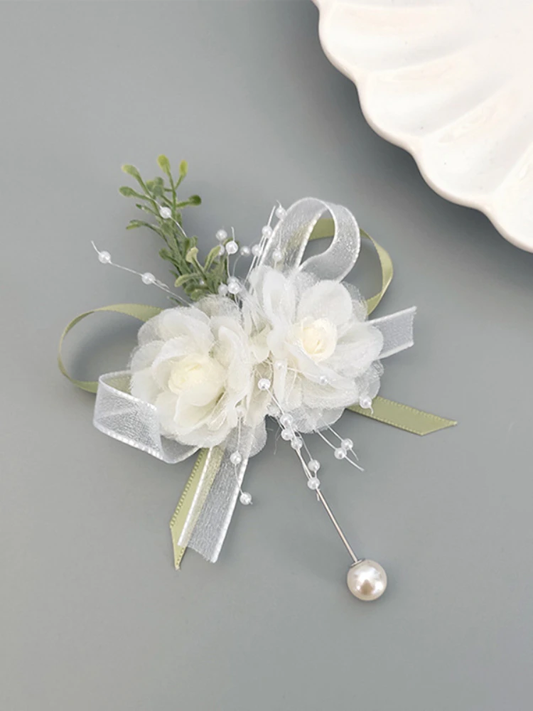 * สาวเพื่อนเจ้าสาวข้อมือ Corsage เจ้าสาวพรหมปาร์ตี้ Boutonniere ซาติน Rose Pearl สร้อยข้อมือผ้ามือดอกไม้งานแต่งงานอุปกรณ์เสริม