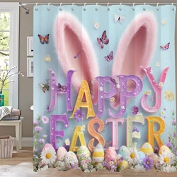 Fun Easter Eggs and Cute Rabbits Printed Shower Curtain, Bathroom Shower Curtain, Home Decorative Curtain with Hooks