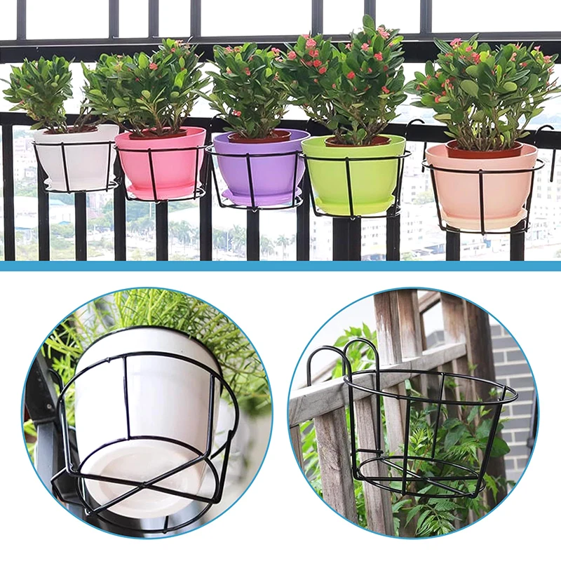 1PC Garden Accessories Garden Hanging Plant Iron Racks Balcony Round Flower Pot Rack Railing Fence Plant Holder Stand