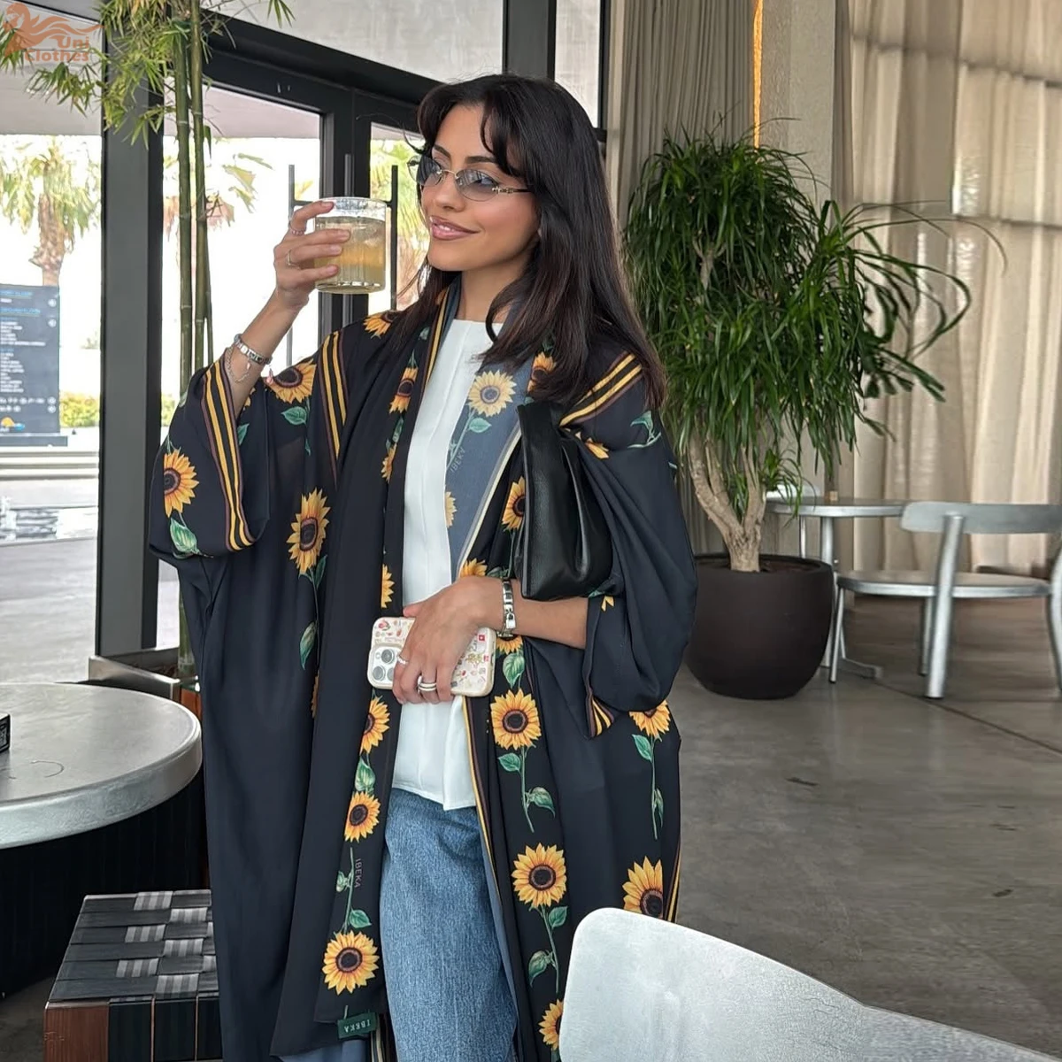 

Уни мусульманский цветочный принт элегантный женский открытый хиджаб Абая в комплекте Дубайский кардиган хиджаб одежда женская