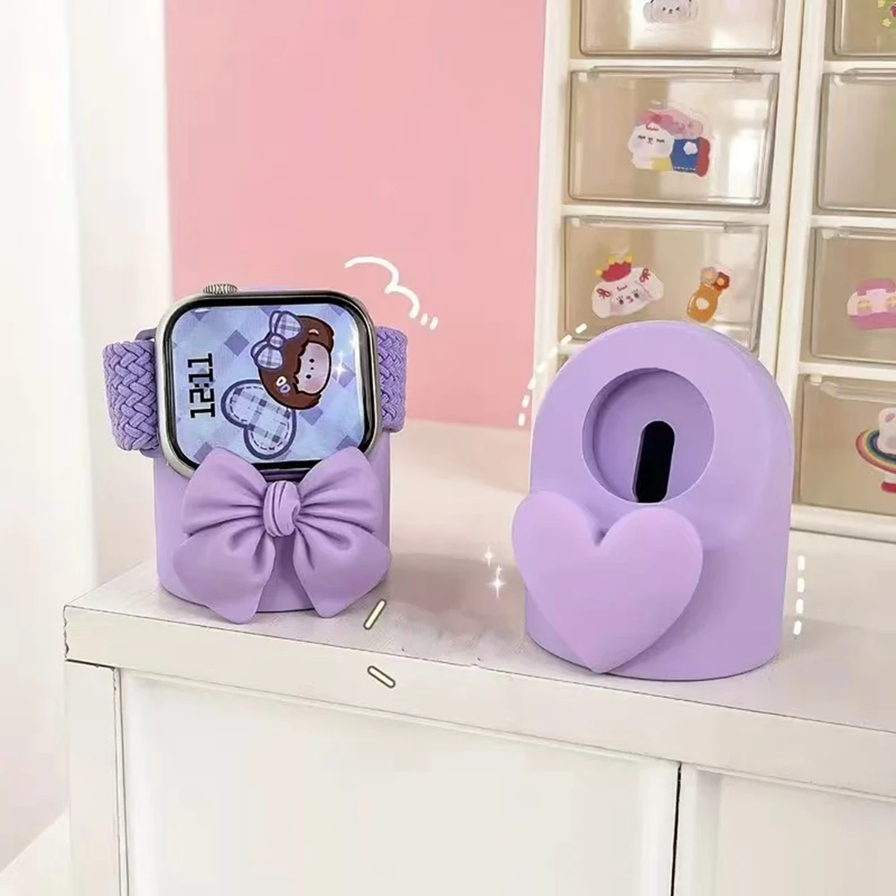 Cute Bow Heart Cartoon Silicone Charger Stand Holder For Apple Watch Series 11 10 9 8 7 6 5 4 3 2 1 SE 3 Ultra 3/2/1