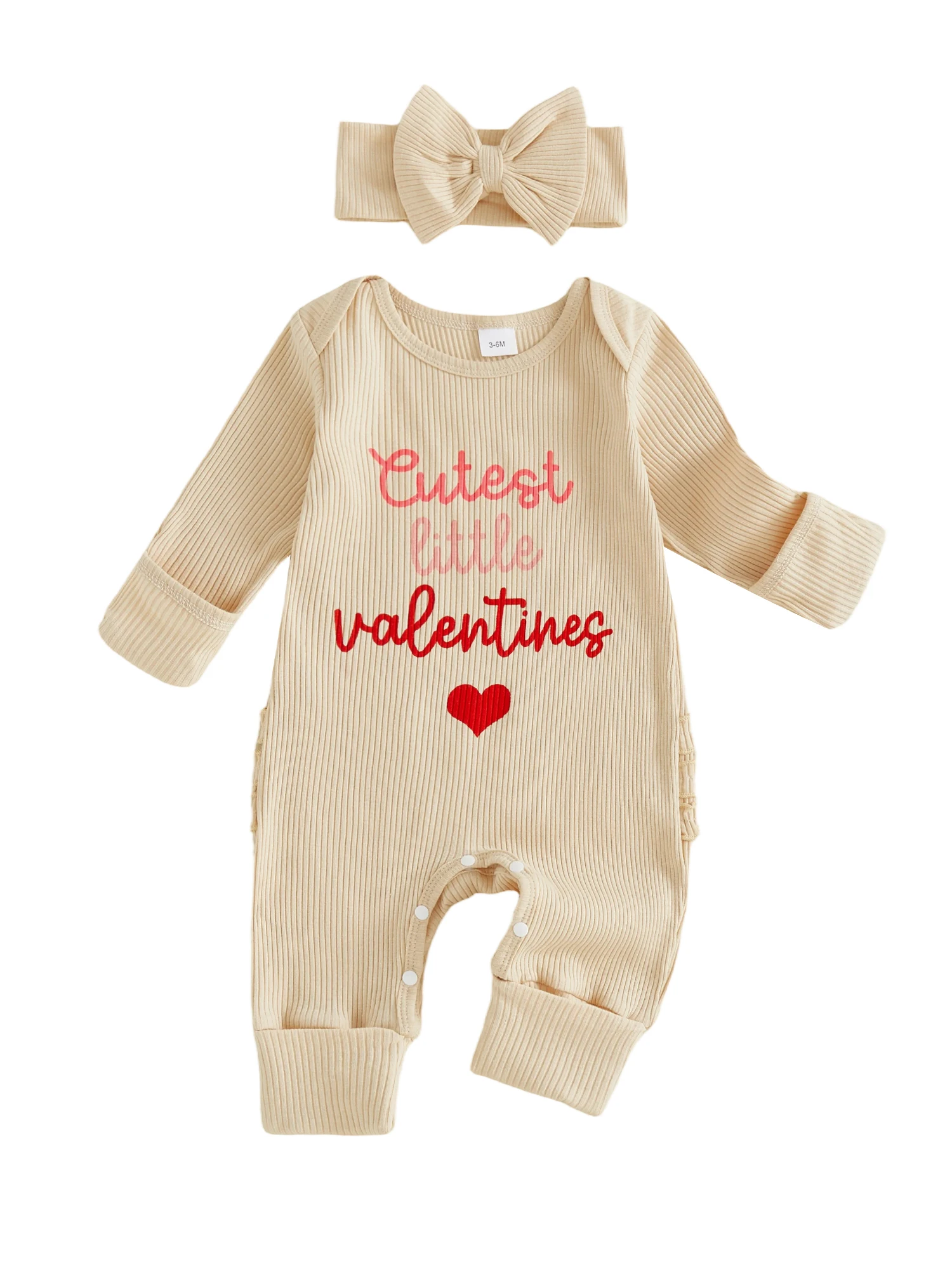 

Комбинезон с принтом сердца для маленьких девочек, круглым вырезом с длинными рукавами и подходящей повязкой на голову с бантом для празднования Дня святого Валентина