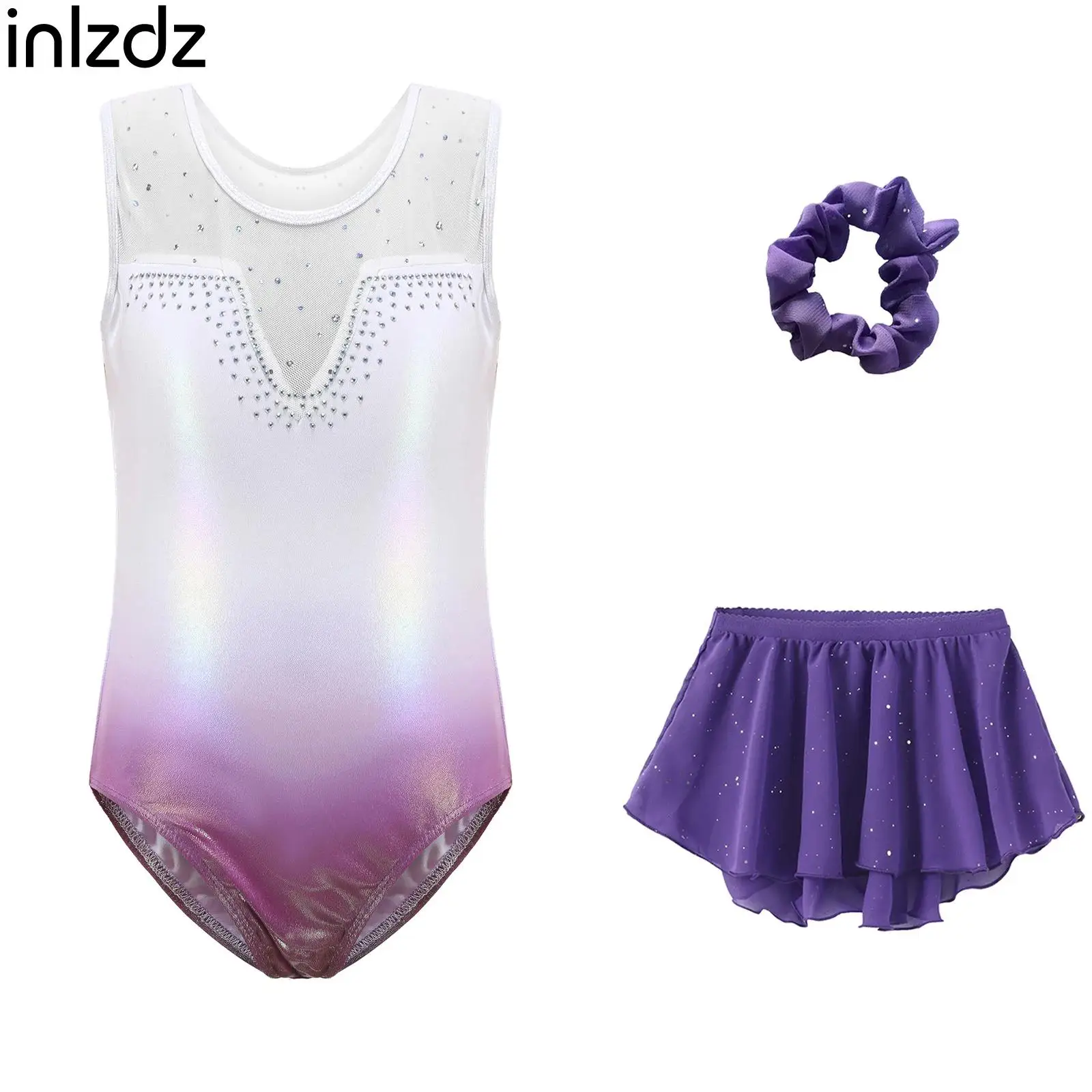 

Girls 3 Pieces Ballet Modern Dance Outfit Sleeveless Shiny Rhinestone Mesh Patchwork Gradient Color Dance Leotard+Skirt+Hairband