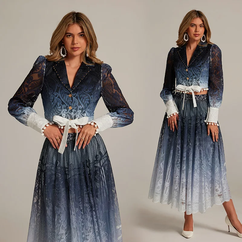 

Sli adient Blue Long Sve Костюм с юбкой для женщин Красивый модный комплект Ele Coat Sle Топ и юбка Ensemble