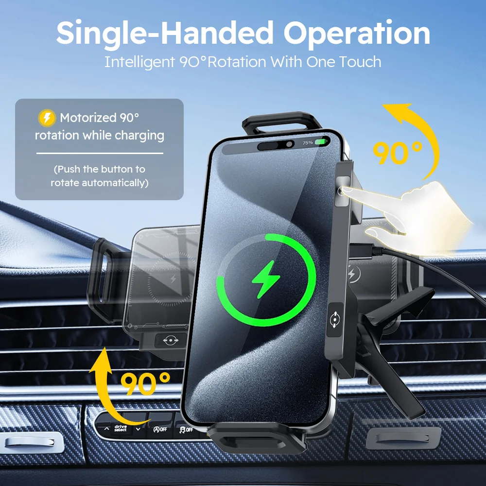 Car Wireless Fast Charger-15W Dual Coils Auto Clamping Auto Rotation 90°Air Vent Mount , Compatible with All Other Smartphones