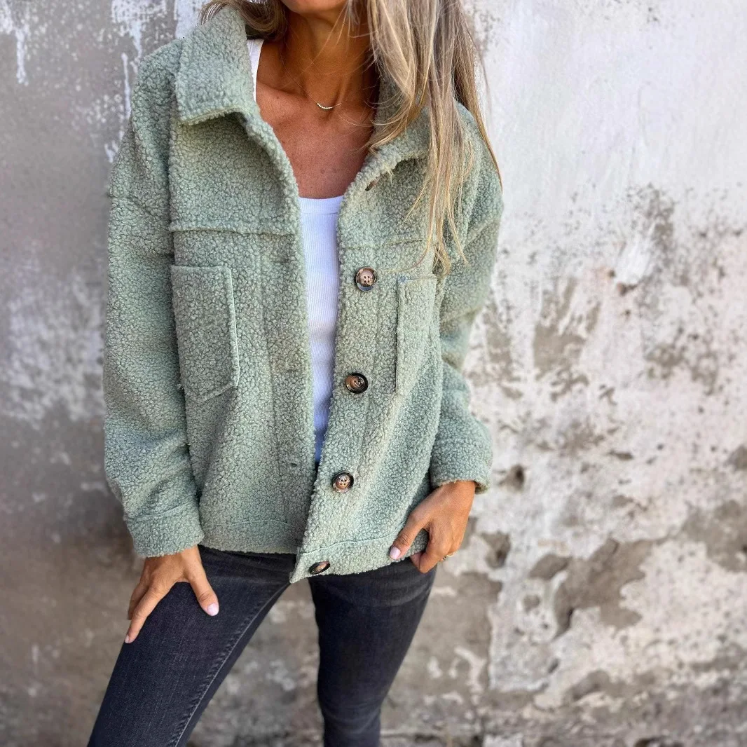 Women's Winter Jacket Lamb Wool Warm Casual Commuting Coat Lapel SingleBreasted Fashionable Cardigan withPocketsThick OutdoorTop