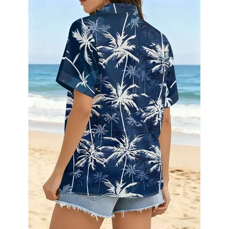 New Women's Short Sleeve Button Up Shirt Dark Blue White Palm Print Layered Asymmetrical Tropical Commute Casual Top Machine Was