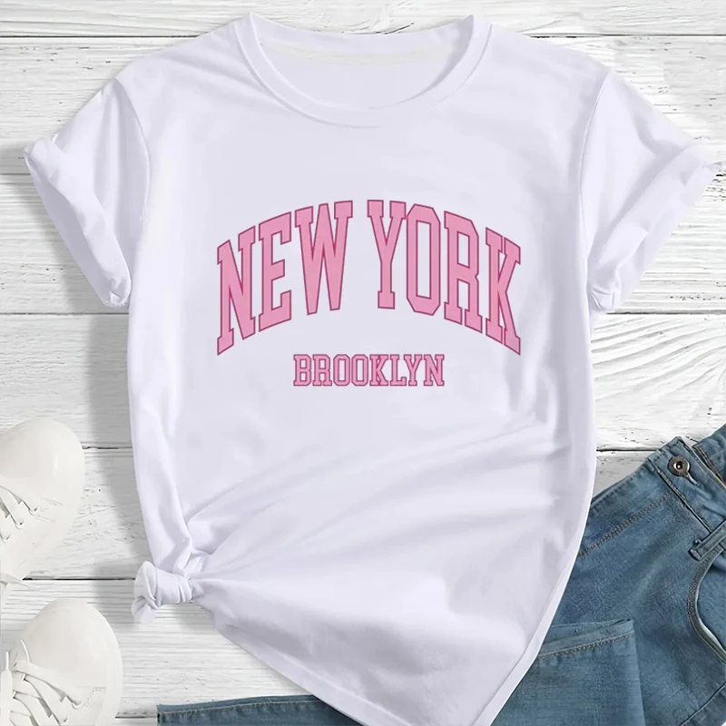 

New York Print T Shirt Brooklyn Pink City Letter Women T-shirt Breathable Short Sleeve Tee Harajuku Casual Unisex Clothing Tops