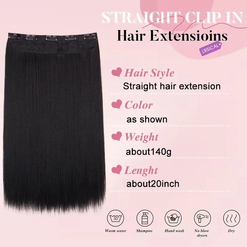20Inch Synthetic Long Straight Hair Extension One Piece Clip in Invisible Hairpiece for Women Daily Use