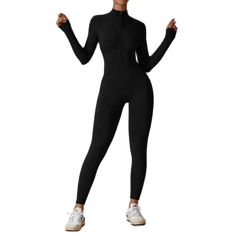 Ensemble de yoga à manches longues pour femmes, combinaisons moulantes, survêtement une pièce, fermeture éclair imbibée, vêtements d\'entraînement de