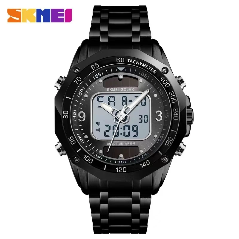 NEW   Fashionable Solar Multifunction Steel Band Men\'s Watch Business Electronics Dual Movement Men\'s Watch