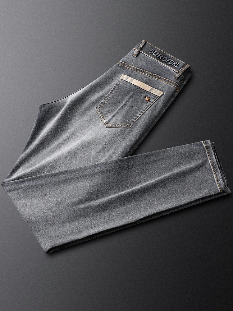 

Elegant Light Grey Slim Fit Men's Jeans Straight Leg Stretchy Youthful Versatile Long Pants Fashionable Casual Cotton Denim