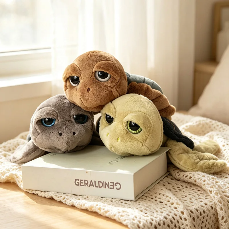 3 Colors Lazy Big Eye Turtle Plush Toy 2 Sizes Soft Sea Tortoise Stuffed Doll Embroidered Shell Pattern Decor for Gifts.