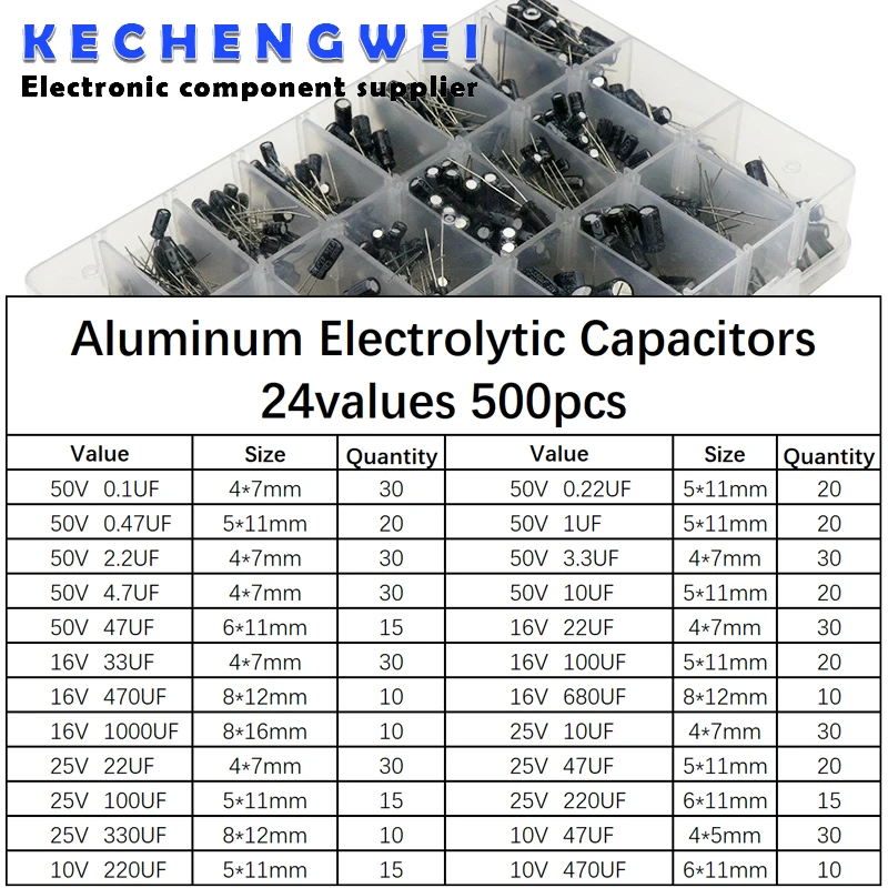 

500Pcs/lot 0.1UF-1000UF 24Values Aluminum Electrolytic Capacitors 16-50V mix Electrolytic capacitor Assorted kit and storage box