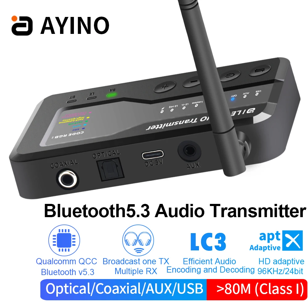 MR278 Bluetooth 5.3 аудиопередатчик 80 м мультипротокольный aptX адаптивная трансляция LC3 несколько входов USB Toslink коаксиальный AUX