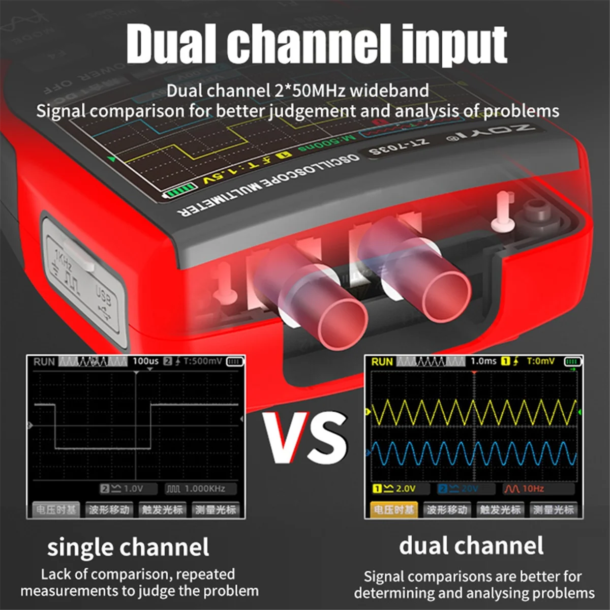 AA98 ZT702S Digital Oscilloscope Multimeter Transistor Tester 50MHz Bandwidth 280MS Sampling Rate Support Waveform Storage