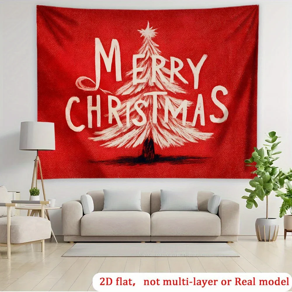 Merry Christmas Tree Tapestry, Red Festive Typography Wall Hanging, Holiday Season Room Decor, Xmas Background Blanket, Gift