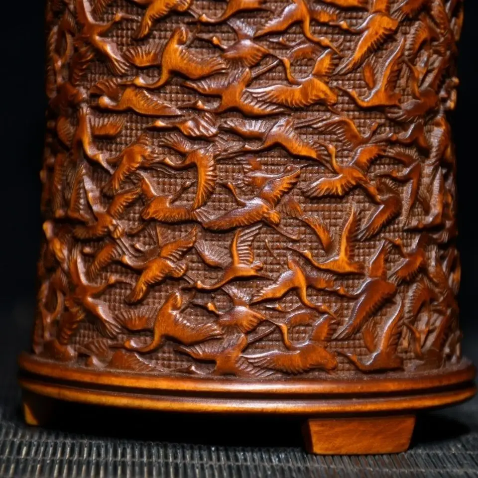 Hand Carved Wood Thousand crane pen holder Brush Pot Statue Figurine Desktop Ornaments Home Decoration