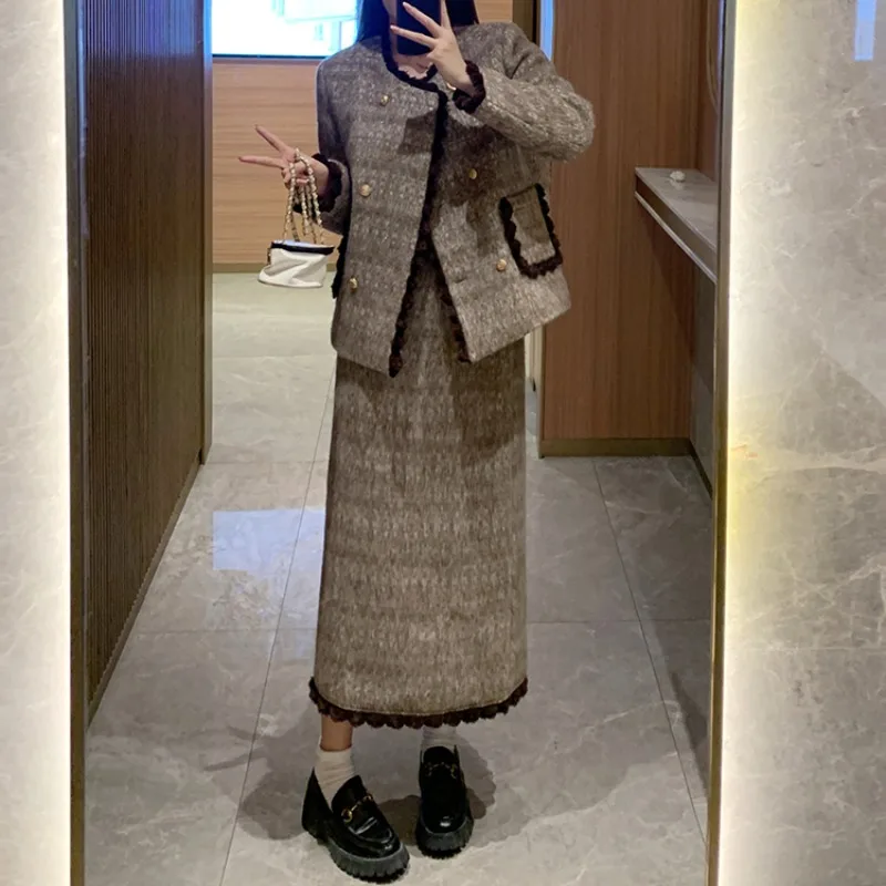 UNXX Woolen Two-piece O-neck Double Breasted Color Block Long Sleeves Coat with High Waist Skirt Suits 2024 Autumn Winter New