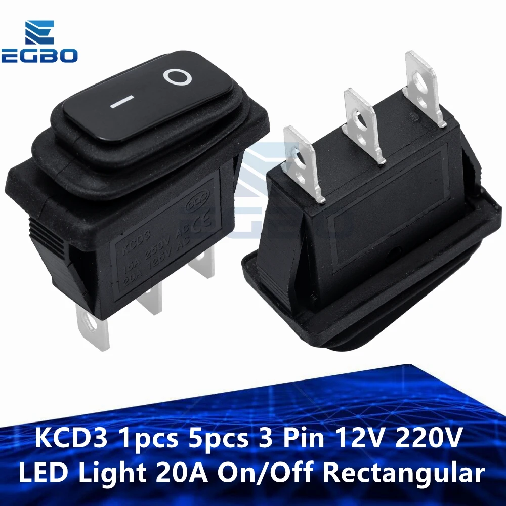 1~5PCS EGBO KCD3 3 Pin 12V 220V LED Light 20A On/Off Rectangular Long Rocker Switch Waterproof IP67 Car Dashboard Ship Type