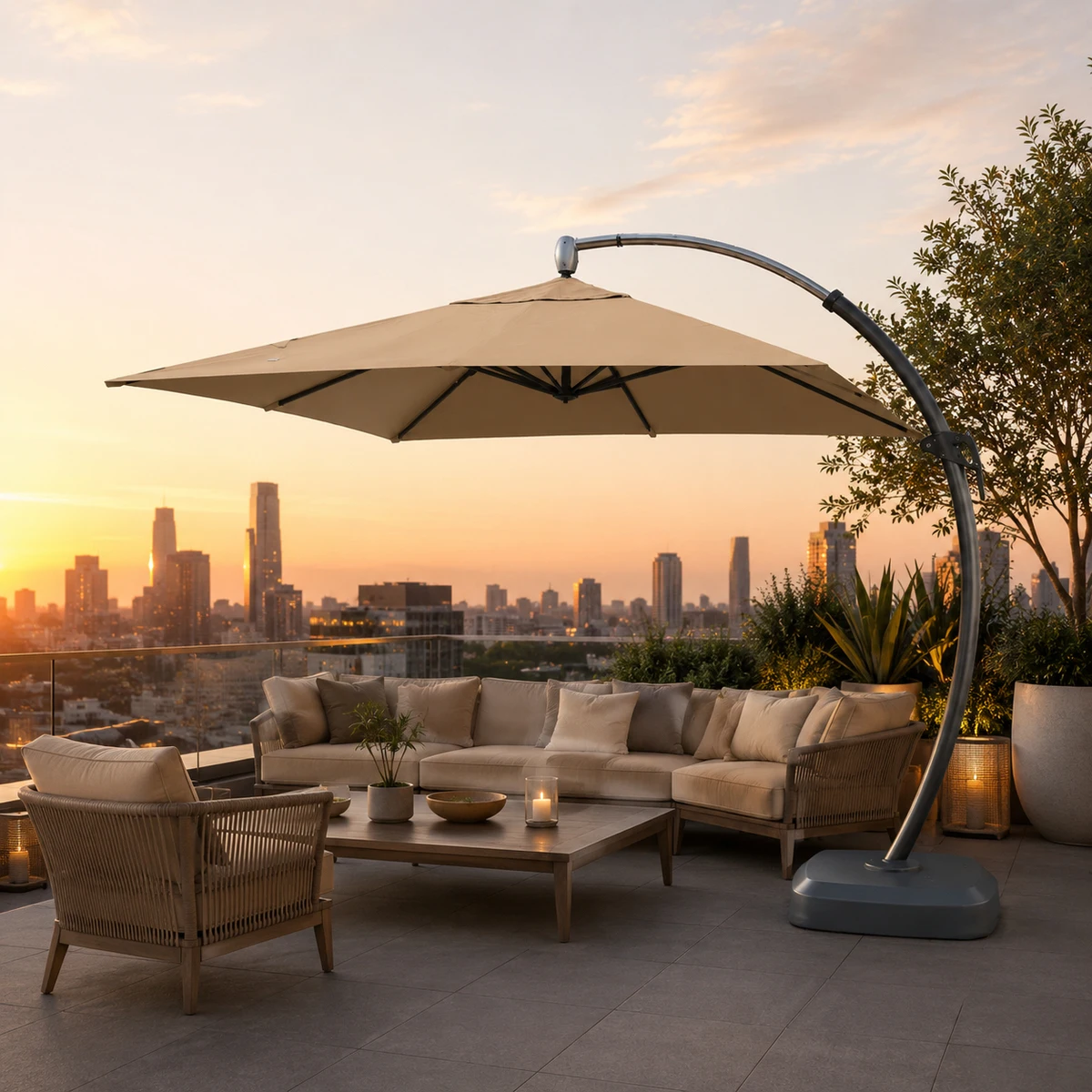 Garden Patio Umbrella Aluminum Frame Waterproof/UV-Proof Outdoor Folding Beach/Villa Curved Arm Cantilever Umbrella