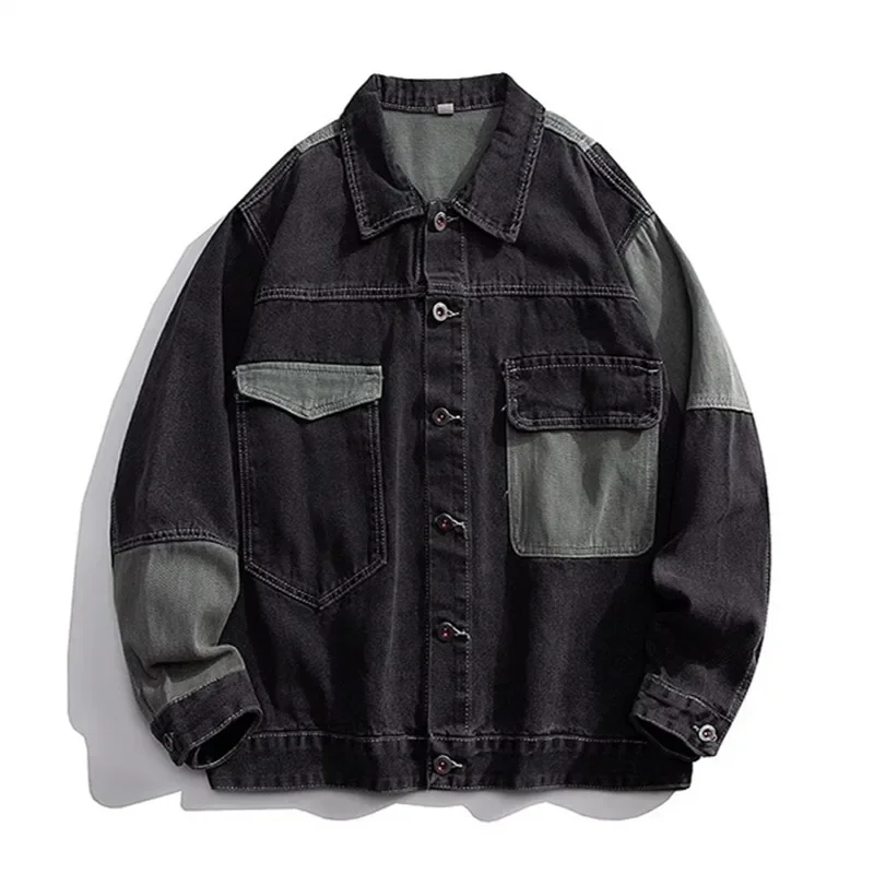 2025 Spring Loose Casual Denim Jackets Men Turn Down Collar Couple Fashion Patchwork Jean Outwear Male Streetwear Denim Coats