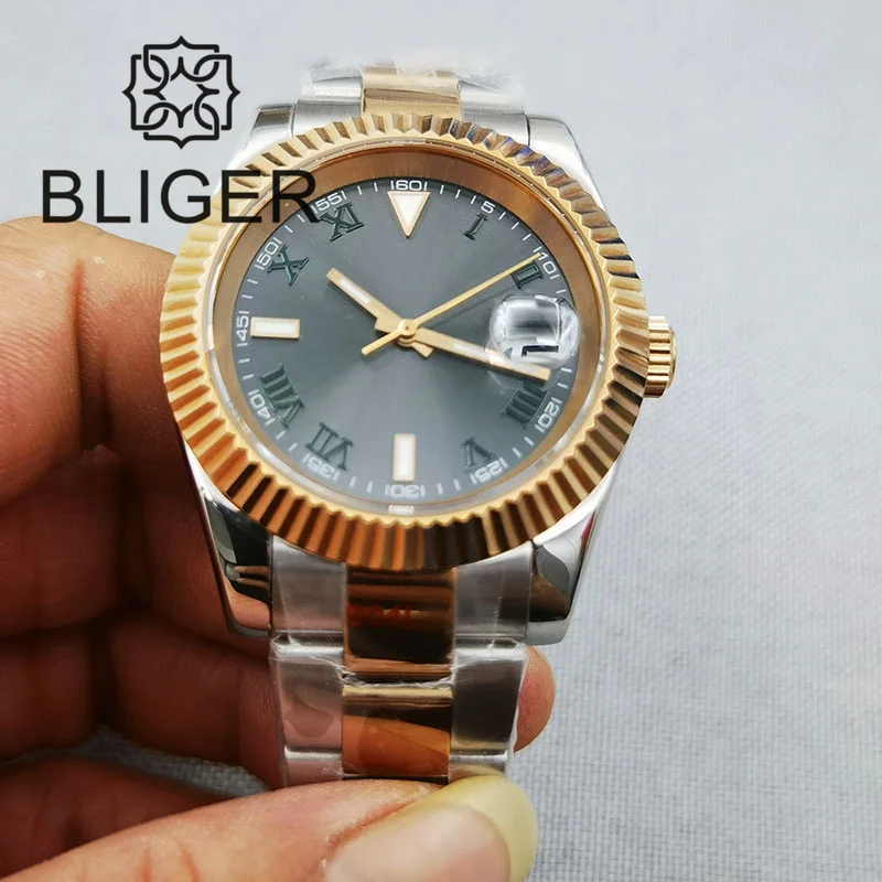 BLIGER 36mm/39mm NH35A Automatic Men Watch Two Tone Rose Gold Sapphire Glass Grey Dial Index Steel Strap Bracelet