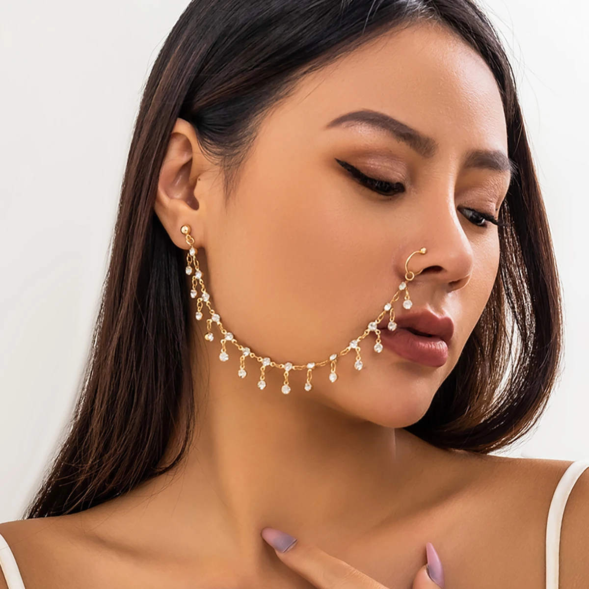 PuRui Bohemia Nose Ring Stud Earrings Rhinestone Tassel Chain Connecting Nose Clip for Women Fake Nostril Piercing Party Jewelry