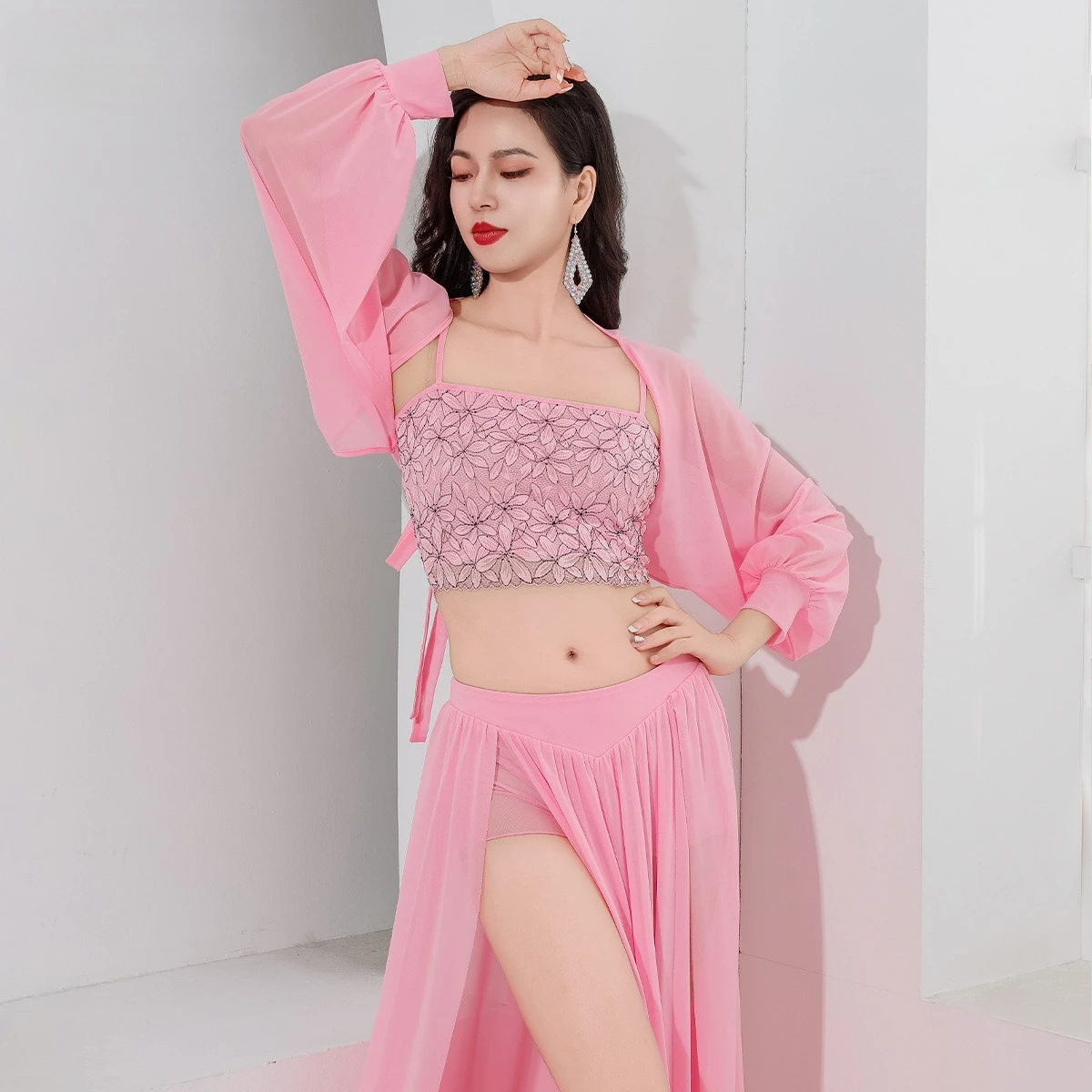 Dance Skim Belly Practice Clothes for Women's Sexy Lace Mesh Long Skirt 3pcs Girls Belly Dancer Performance Costume Suit